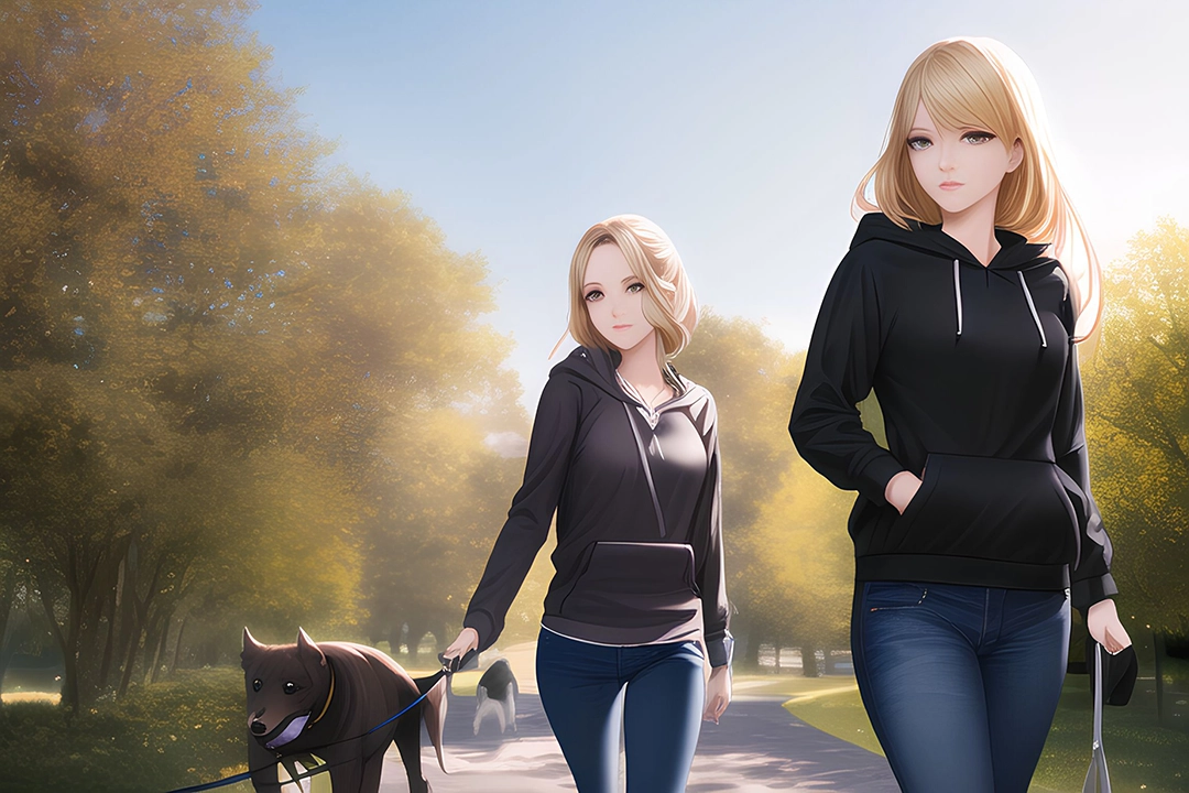 AI-generated art of two women walking a dog in the park- exploring the beauty of AI art vx traditional art with AI art generato