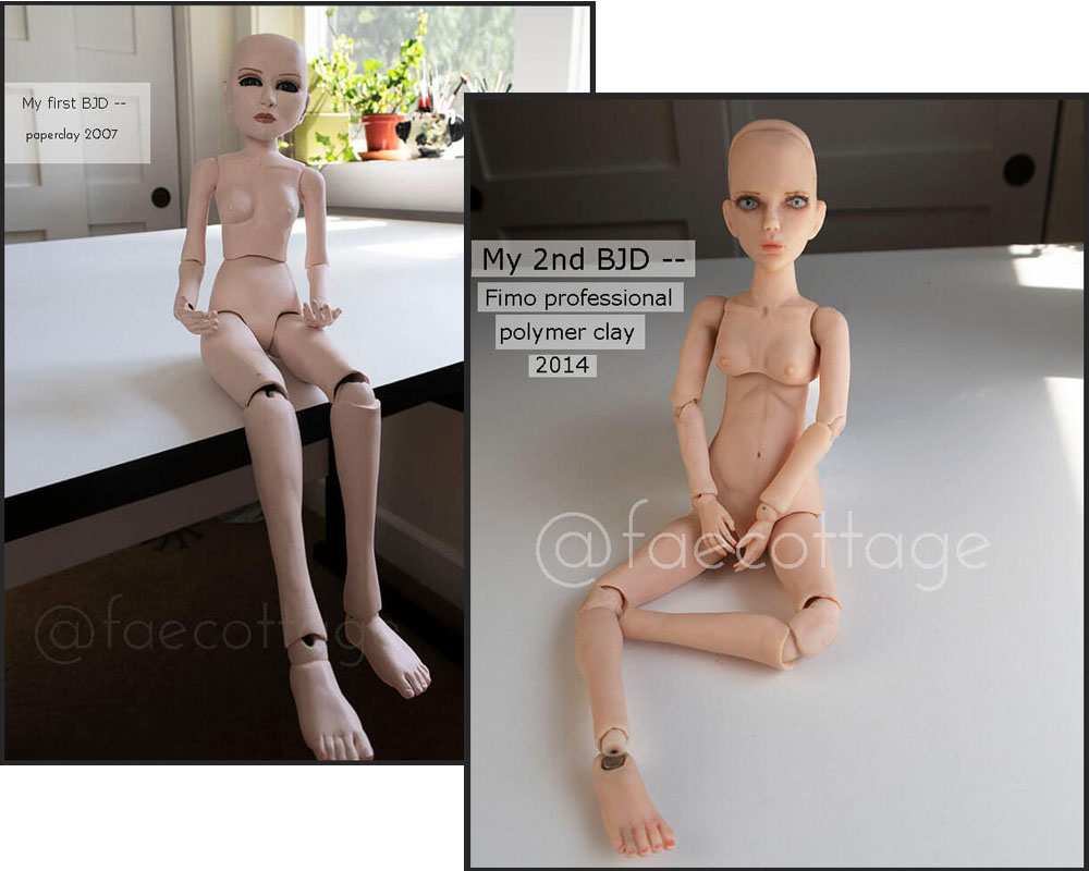 If you learn to sculpt a BJD, be patient with yourself.  These are two of my early ball-jointed doll artist dolls