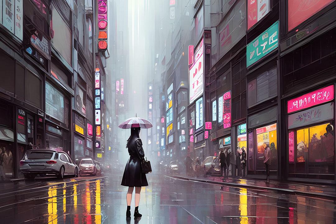 AI-generated woman with umbrella crosses street on rainy night in Tokyo- exploring the beauty of AI art vs traditional art with AI art generator